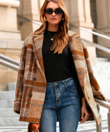 Plaid Lapel Double Breasted Fleece Coat