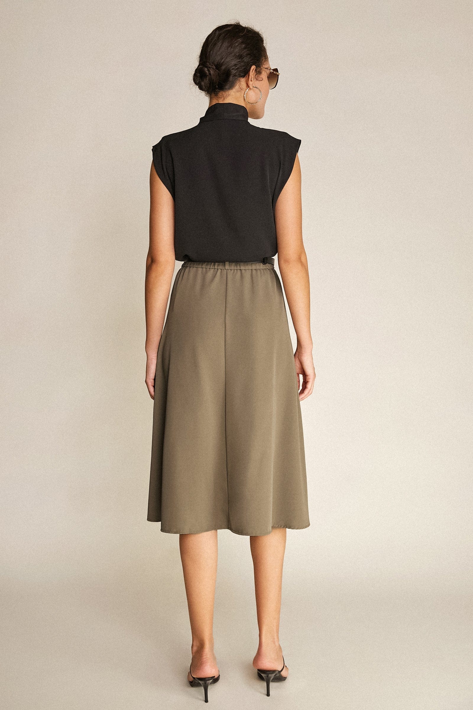 Tan Belted Pleat Detail Midi Skirt