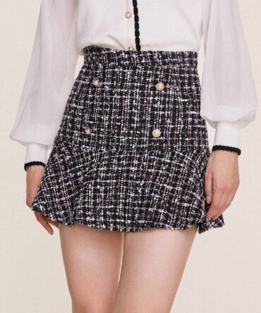 Black Flounce Hem Tweed Mini Skirt