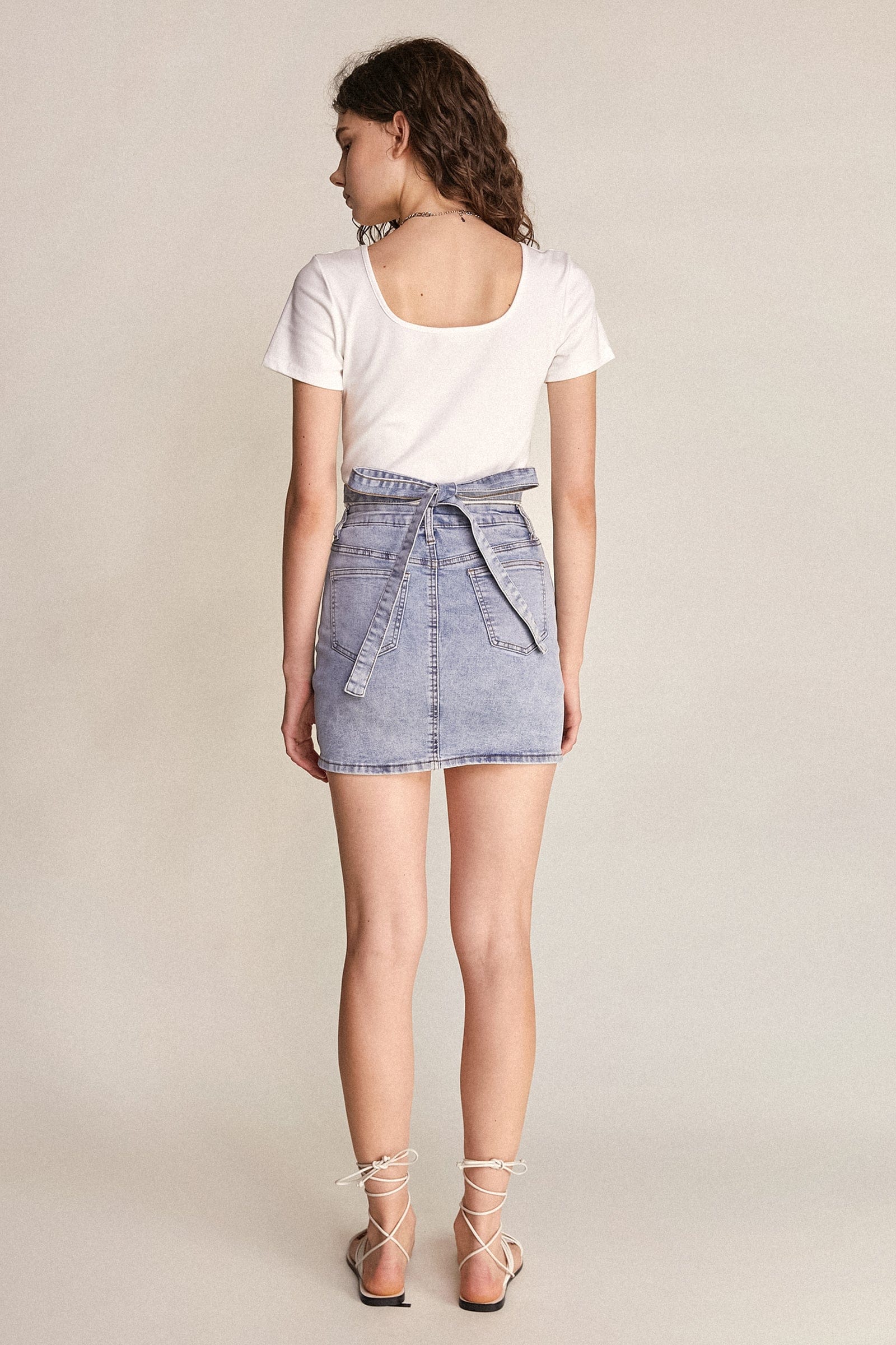 Light Blue Wash Tie Detail Denim Mini Skirt