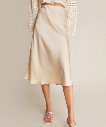 Ivory Satin High Rise A-Line Midi Skirt