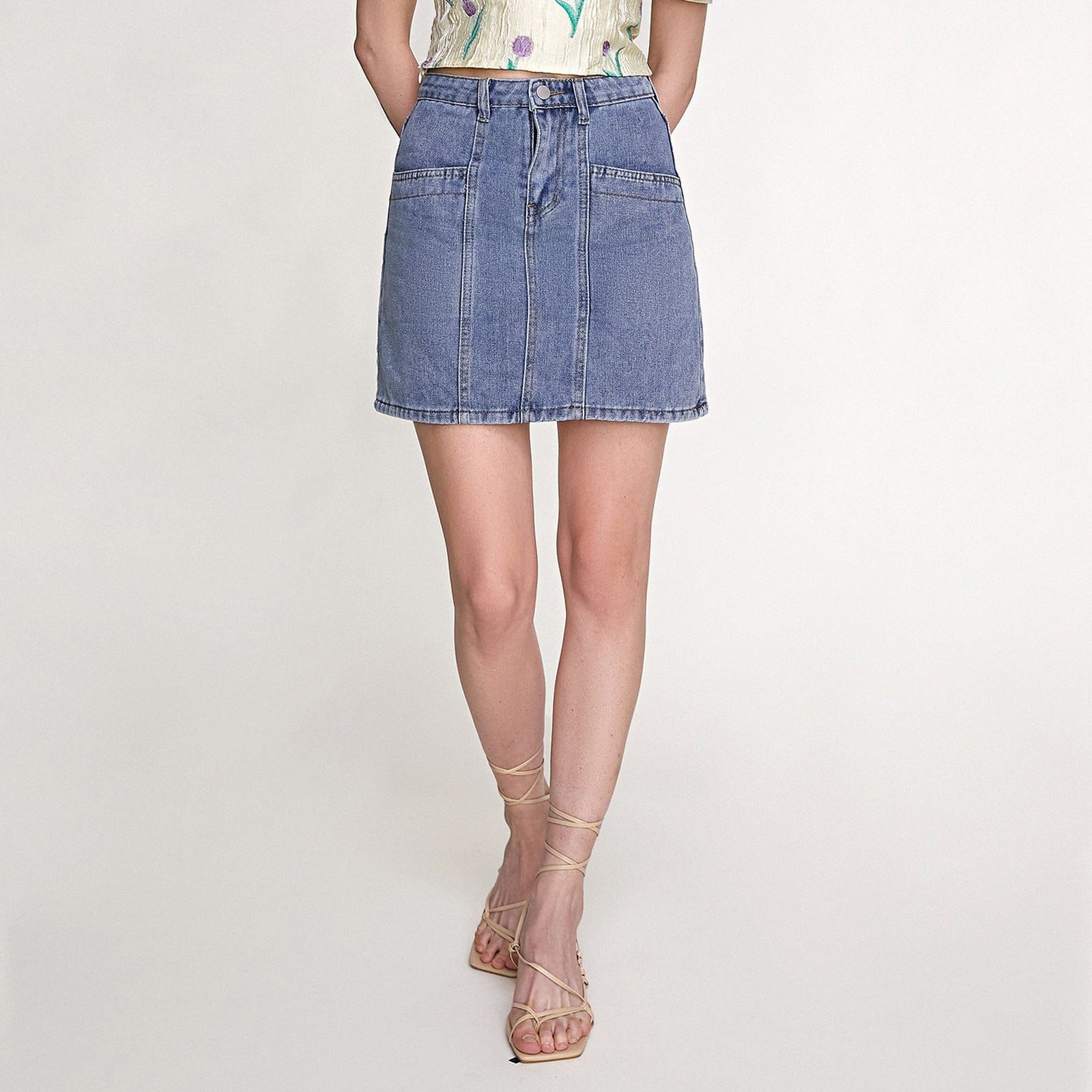 Light Blue Wash High Rise A-Line Mini Denim Skirt