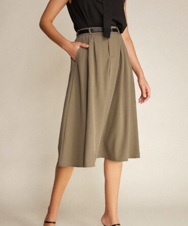 Tan Belted Pleat Detail Midi Skirt