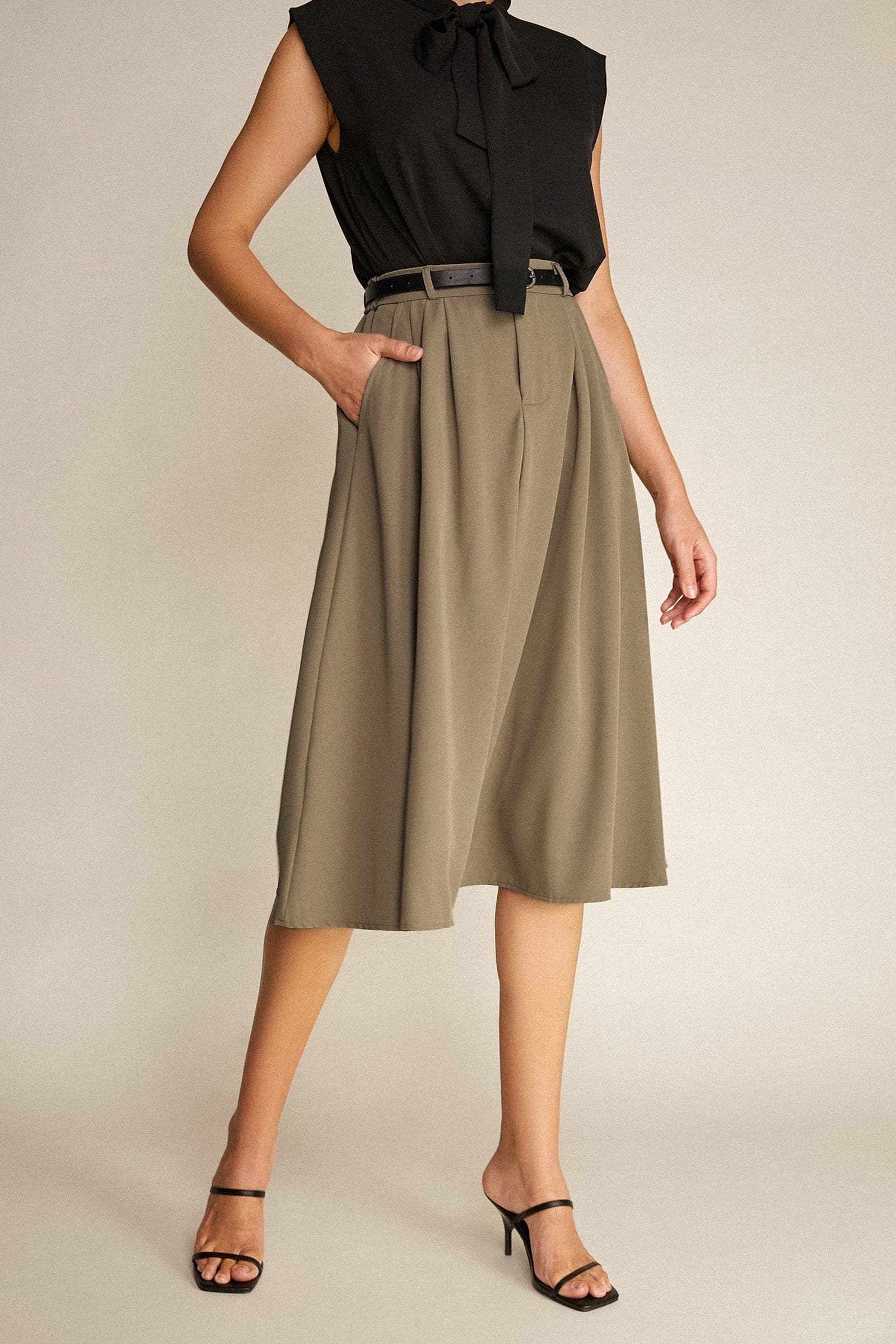Tan Belted Pleat Detail Midi Skirt