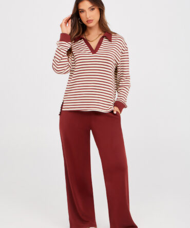 V-Neck Polo Striped Top Wide Leg Lounge Set