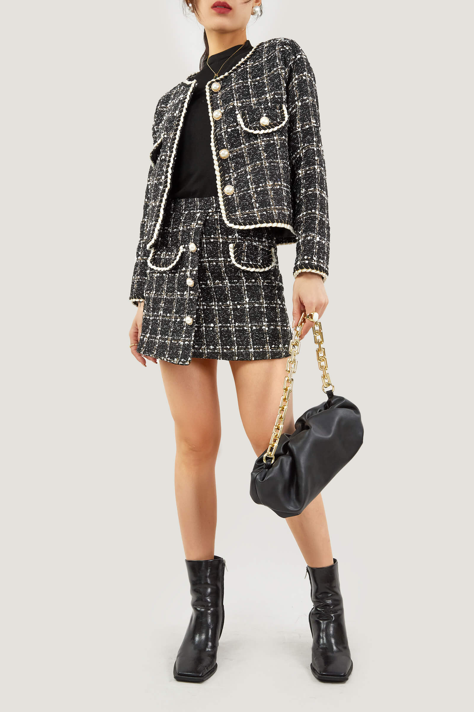 Black Plaid Tweed Fake Flap Pocket Jacket & Skirt Two-Piece Set