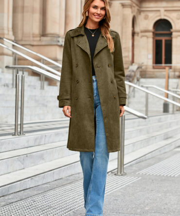 Double Breasted Suede Lapel Belted Trench Coat