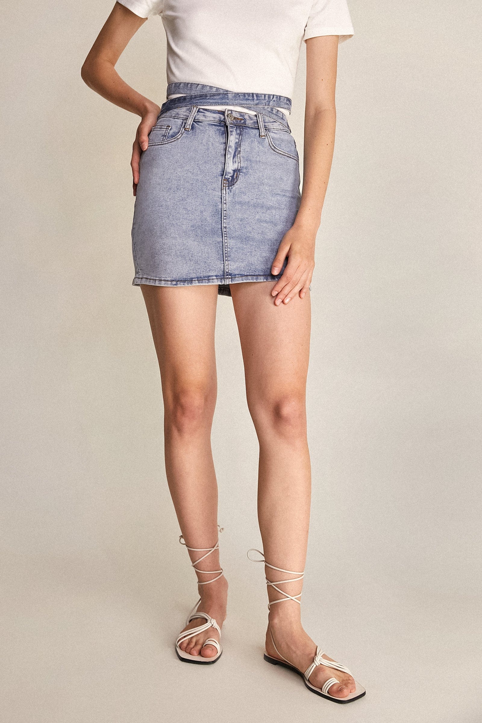 Light Blue Wash Tie Detail Denim Mini Skirt