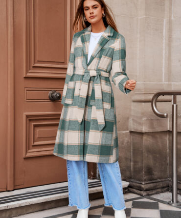 Plaid Belted Long Trench Coat with Lapel Collar