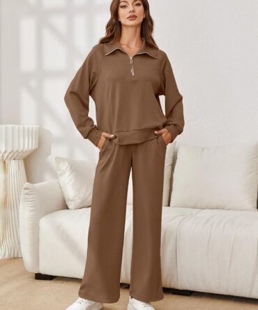 Oversized Half Zip Sweatshirt Wide Leg Pants Set