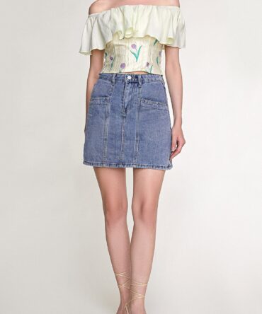 Light Blue Wash High Rise A-Line Mini Denim Skirt