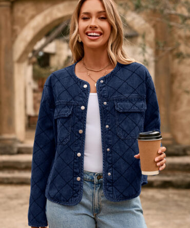 Button Crew Neck Quilted Diamond Denim Jacket