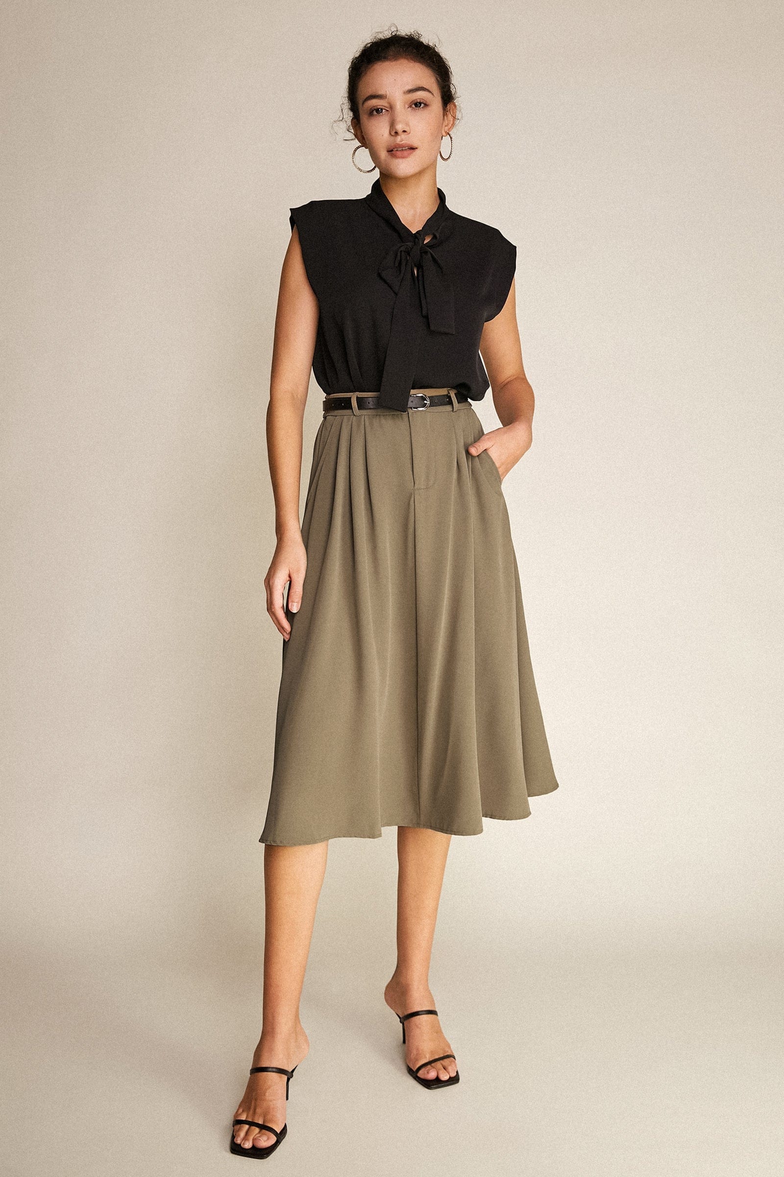 Tan Belted Pleat Detail Midi Skirt
