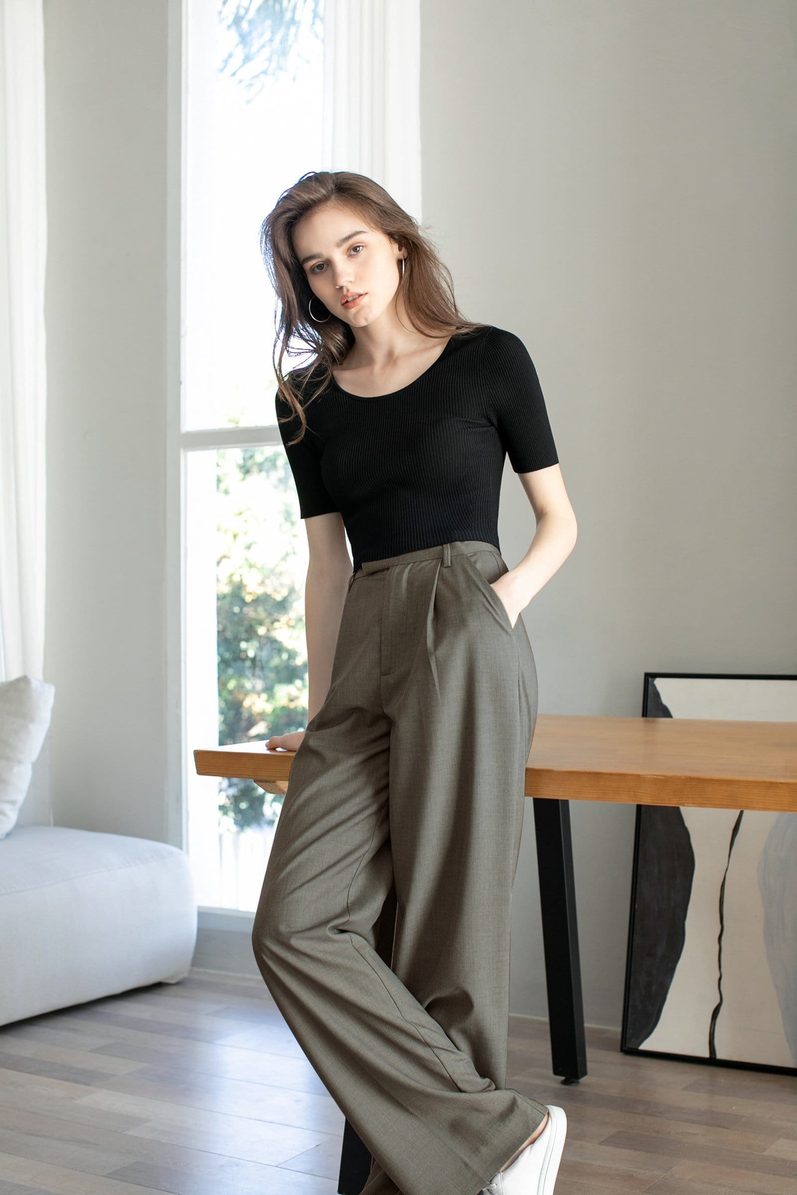 Business Essential Dark Khaki Wide Slacks