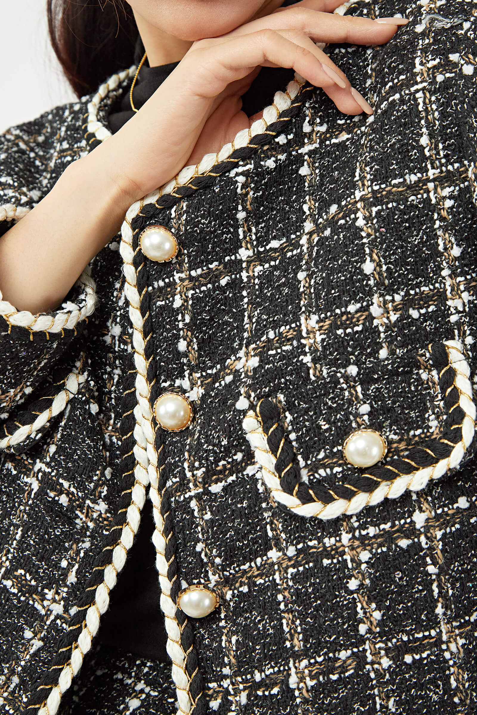 Black Plaid Tweed Fake Flap Pocket Jacket & Skirt Two-Piece Set