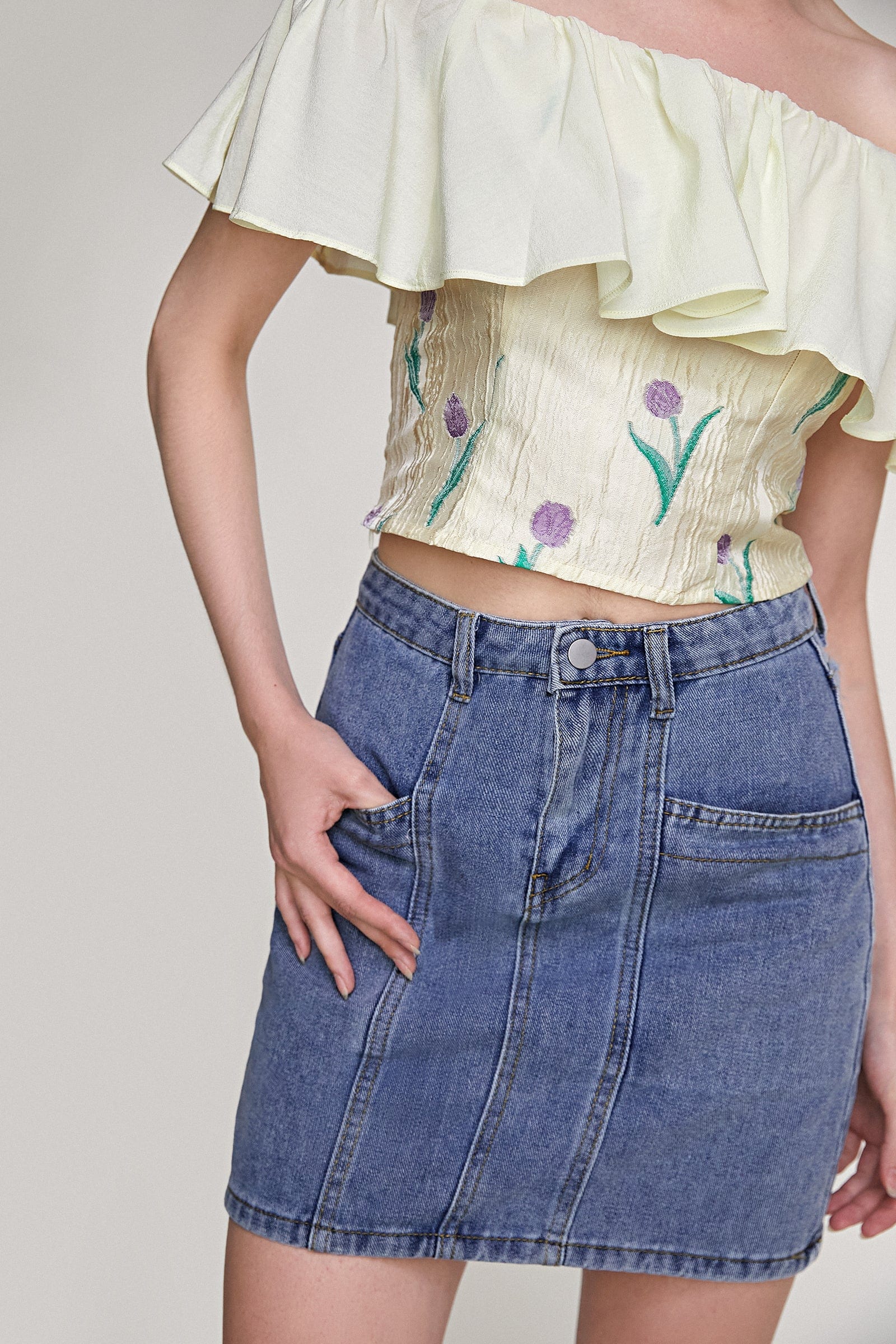 Light Blue Wash High Rise A-Line Mini Denim Skirt