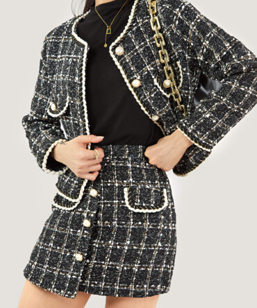 Black Plaid Tweed Fake Flap Pocket Jacket & Skirt Two-Piece Set