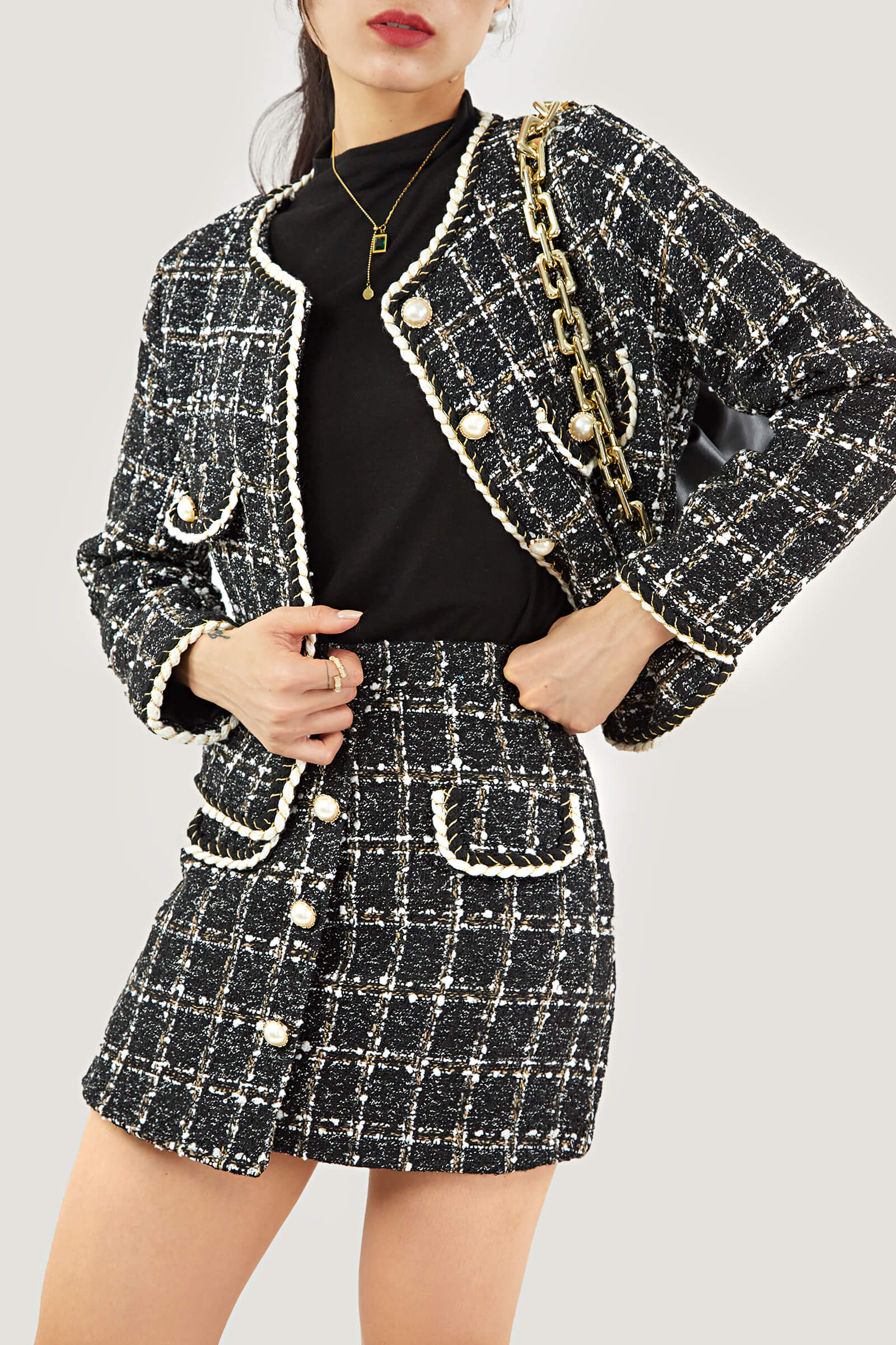 Black Plaid Tweed Fake Flap Pocket Jacket & Skirt Two-Piece Set